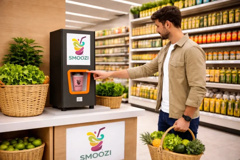 Cliente usando máquina automática de smoothies SMOOZI sin personal en supermercado