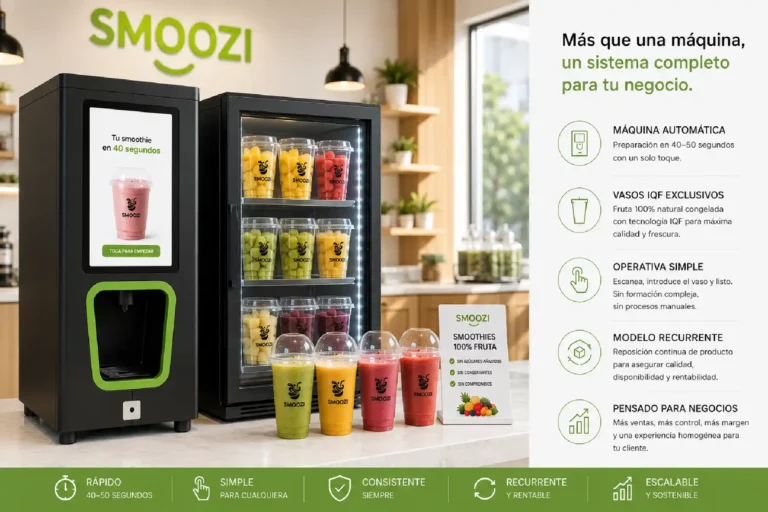 Máquina automática de smoothies SMOOZI con vasos IQF exclusivos en un entorno comercial moderno