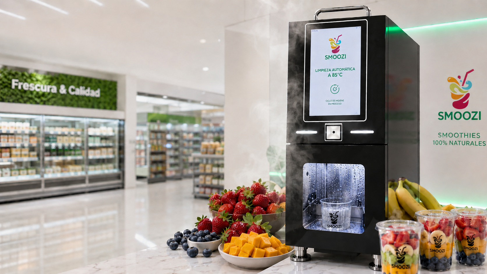 Máquina automática de smoothies SMOOZI realizando un ciclo de limpieza automática a 85°C para garantizar la máxima higiene y seguridad alimentaria.