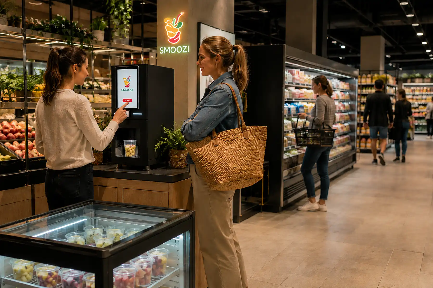 Cliente utilizando una máquina automática de smoothies SMOOZI en un supermercado